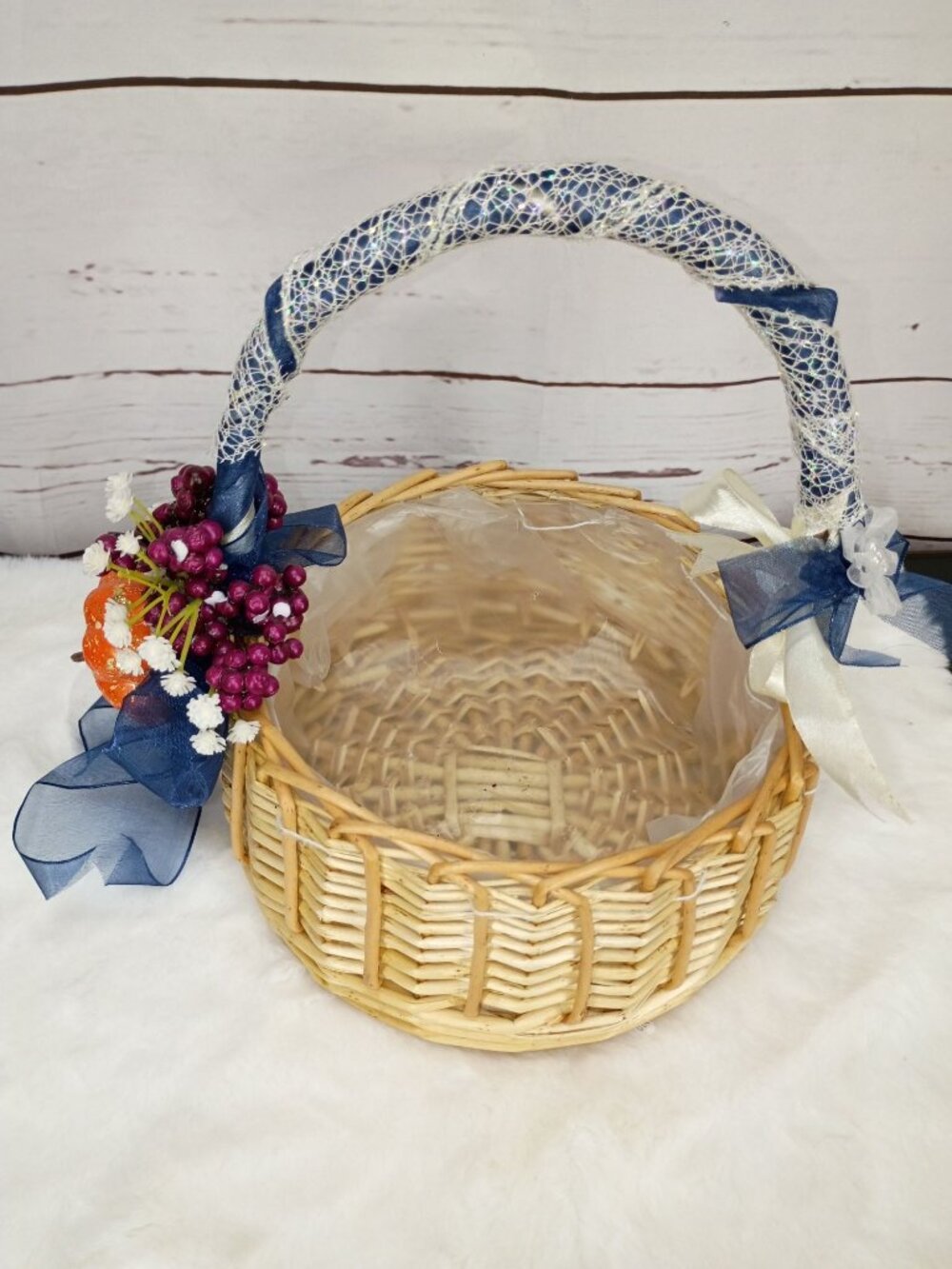 Decorative Wicker Basket With Navy Blue Embellishments & Floral Accents‎